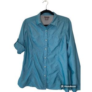 ExOfficio Womens Blue Split Hem Hiking Shirt Large ( 12/14) Side Zip Pocket